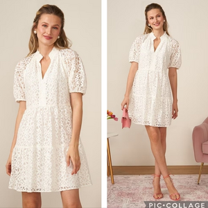 NWT CeCe V Neck Puff Sleeve Lace Babydoll Mini Dress, Sz XS, Bridal Grad Cottage